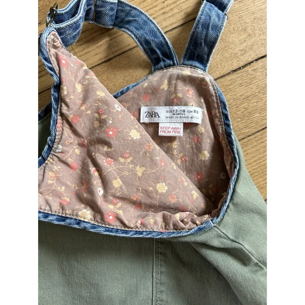 Zara Girls Denim Overall Dress Olive Blue 12-18 Months Toddler Button Front
